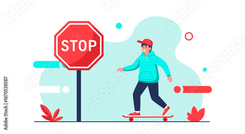 Skateboarder Ignoring A Stop Sign On The Road In Flat Design Style