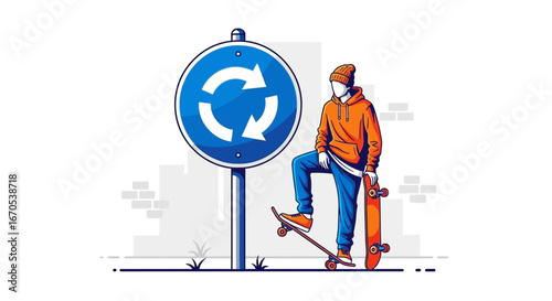 Skateboarder Leaning On Roundabout Sign, Urban Lifestyle And Leisure Scene