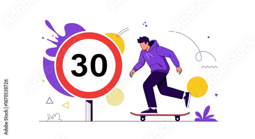 Skateboarder Maintaining Safe Speed Below Limit Thirty On Public Road
