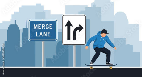 Skateboarder Passes Merge Lane And Directional Road Signs In The City