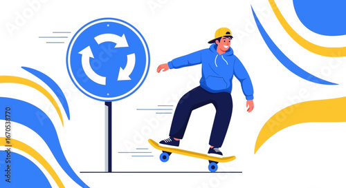 Skateboarder Passing Roundabout Sign A Vibrant and Dynamic Urban Scene
