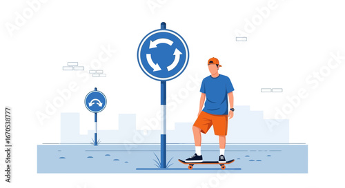 Skateboarder Pauses by Road Sign in Urban Landscape Minimal Illustration