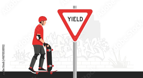 Skateboarder Ready To Skate At The Corner With A Yield Sign Graphic