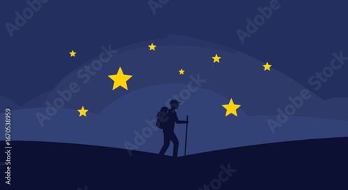 Stargazing Hiker Silhouette Under Night Sky With Shining Stars