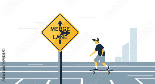 Skateboarder Rides Past Merge Lane Sign in Urban Scene, Vector Illustration