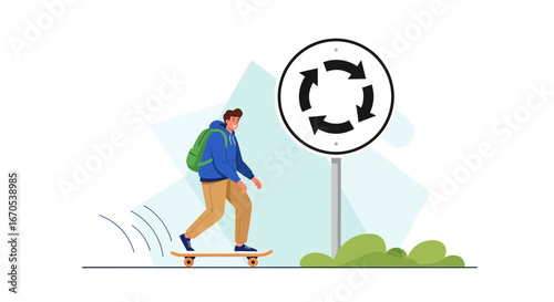 Skateboarder Rides By Roundabout Sign Enjoying A Sunny Day In The City
