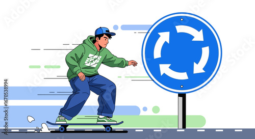Skateboarder Rides Past Roundabout Sign Conveying Urban Lifestyle Concept