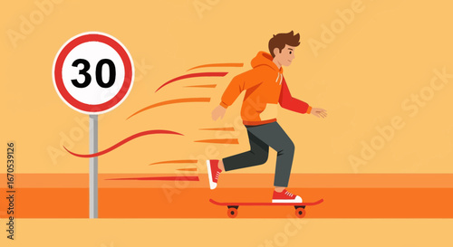 Skateboarding Speeding Around a Limit Sign of 30 Kilometers Per Hour
