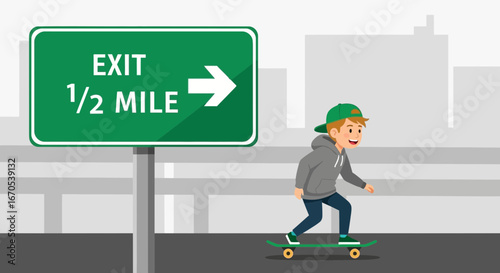 Skateboarding Youthful Journey Passing Exit Sign Against Urban Cityscape