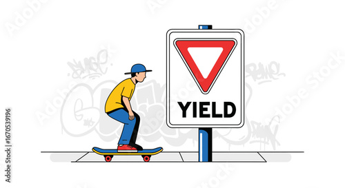 Skater Ignoring Safety Measures Near The Yield Traffic Sign Illustration