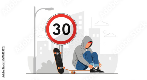Skater Relaxing Near Speed Limit Sign In Urban Environment Minimal Illustration