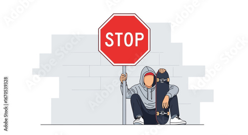 Skater Resting Against A Stop Sign Expressing The Need For Reflection