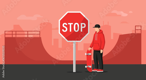 Skater Standing Next To Stop Sign In Urban Skatepark Scene Background