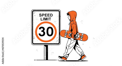 Skater's Stroll Graphic Illustration Featuring a Person with Skateboard Near a Sign