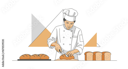 Skilled Baker In Uniform Slicing Fresh Bread In Professional Kitchen Bakery