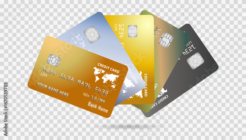 Collection of credit card isolated on a transparent background. Set of debit card on a transparent background