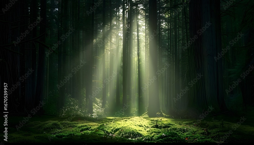 Obraz premium Sunbeams in a Dense Old-Growth Forest