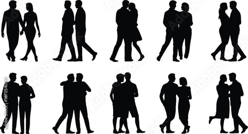 Diverse couple silhouettes in romantic poses and walking styles