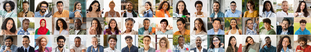 Fototapeta premium This vibrant collection features a diverse group of individuals expressing joy through various portraits. Each face reflects unique backgrounds and cultures, celebrating togetherness and inclusion.