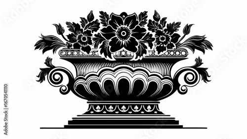 Elaborate floral arrangement in a decorative vase with intricate details and symmetrical design elements |  editable eps vectors silhouette