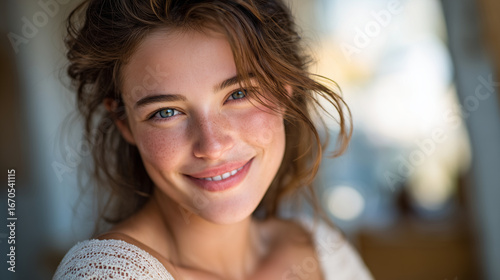 Free Download Natural beauty portrait of a woman with perfect glowing skin, genuine smile, soft ambient lighting emphasizing clear complexion and healthy appearance - GFXLoad