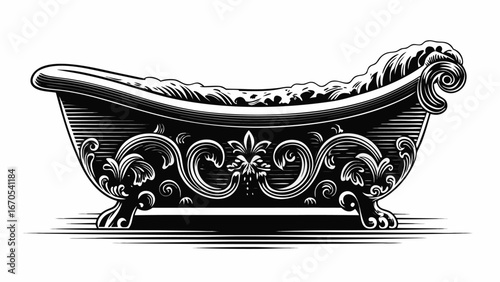 Detailed monochrome illustration of an ornate clawfoot bathtub filled with bubbly water design art |  editable eps vectors silhouette