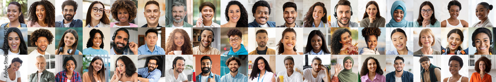 Fototapeta premium A collection of portraits showcases a diverse group of individuals, all smiling and exhibiting happiness. The joyful atmosphere reflects a celebration of multiethnic lifestyles and connections.