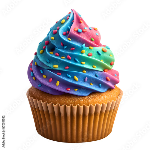 Colorful swirled frosting cupcake isolated on transparent background