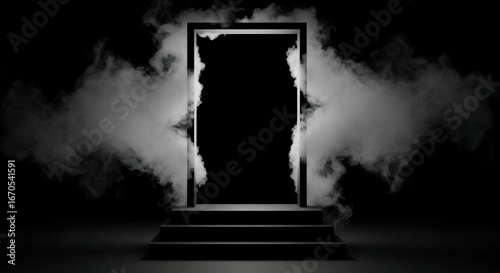 Mysterious dark doorway surrounded by smoke or fog a surreal conceptual image