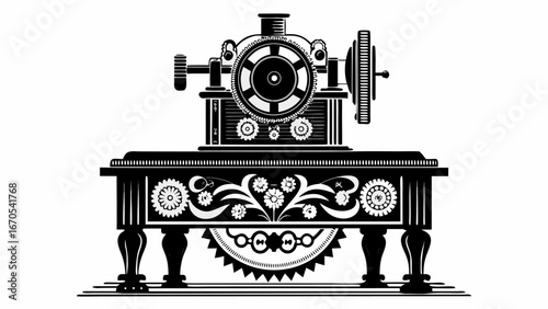 Elaborate vintage machine with gears and floral details on an ornate table in black and white design |  editable eps vectors silhouette