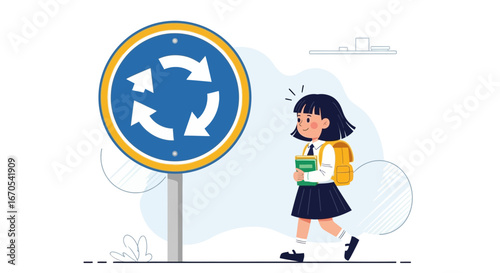 Schoolgirl Walking Near Roundabout Sign Learning Road Safety And Traffic Rules
