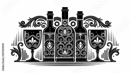 Ornate black and white illustration of wine bottles and glasses with decorative flourishes and patterns |  editable eps vectors silhouette