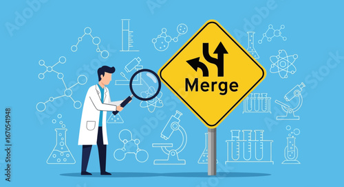 Scientific collaboration: a researcher uses a magnifying glass near a merge sign signaling collaboration in research and development
