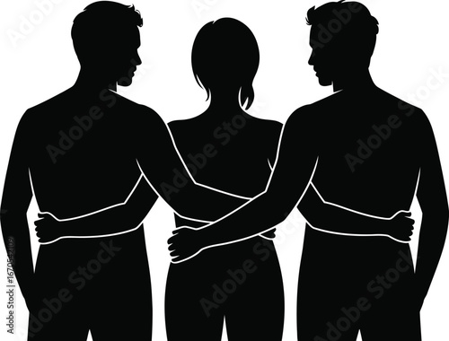 Three silhouettes embracing with arms around each other