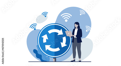 Secure Network Management With Wireless Router And Woman Using A Laptop