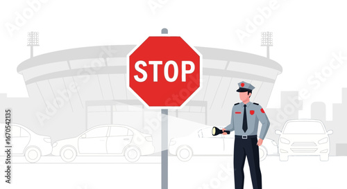 Security Guard Directing Traffic Near Stadium With Stop Sign At Night