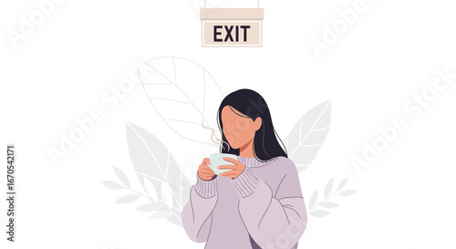 Seeking Solace A Woman Finds Quiet Moments Before Leaving Exit Sign Over