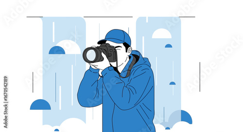 Photographer Capturing Images In Minimalist Style Against Abstract Blue Background