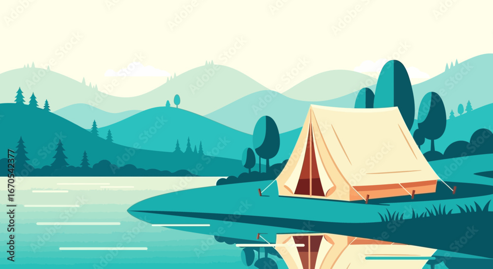 Fototapeta premium Serene Camping Adventure: Tent by the Lake with Mountain Views and Peaceful Reflections