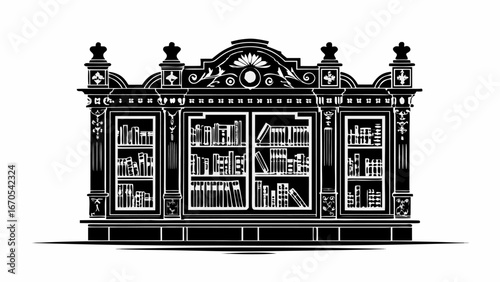 Illustration of a detailed black and white bookcase filled with books and decorative elements design drawing |  editable eps vectors silhouette
