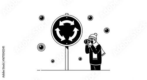 Photographer Capturing Roundabout Sign In Winter Monochrome Minimal Style