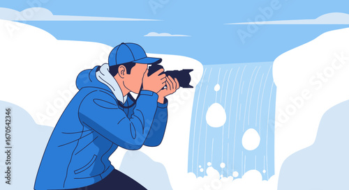 Photographer Capturing Waterfall Beauty Outdoors In A Calm Landscape Setting