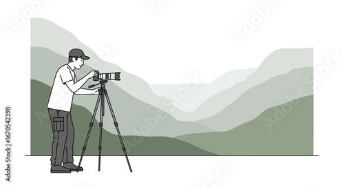 Photographer Preparing To Capture Scenic Mountain Views During An Outdoor Excursion