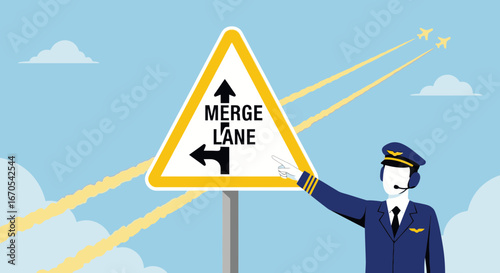 Pilot Guides Air Traffic With Merge Lane Sign And Aircraft Trails Vector