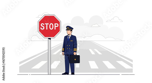 Pilot Stopped By Traffic Sign Near Airplane Runway On Isolated White Background