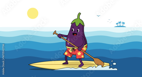 Playful Eggplant Character Paddleboarding Adventure Vacation On Sunny Ocean Day