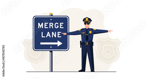 Police Officer Directing Traffic at a Merge Lane on the Highway