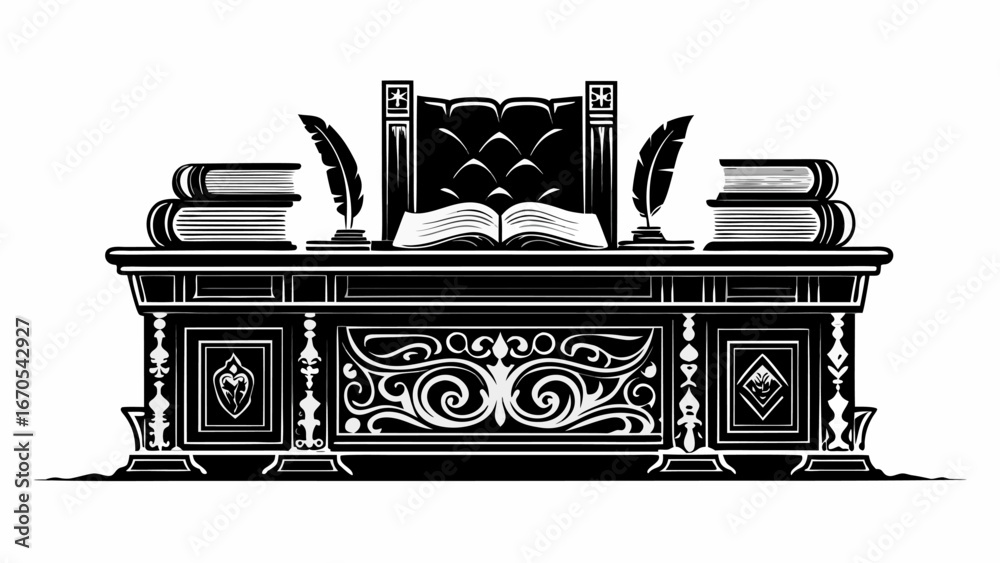 Fototapeta premium Illustration of a detailed desk with books, quills, and an open book in a monochrome style | editable eps vectors silhouette