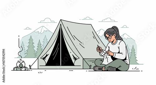 Serene Camping Scene Woman Knitting by Tent in Nature Illustration