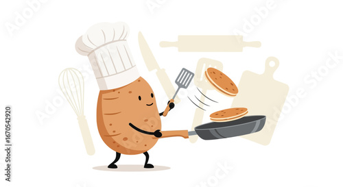 Potato Chef Happily Cooking Pancakes With Utensils Cartoon Illustration